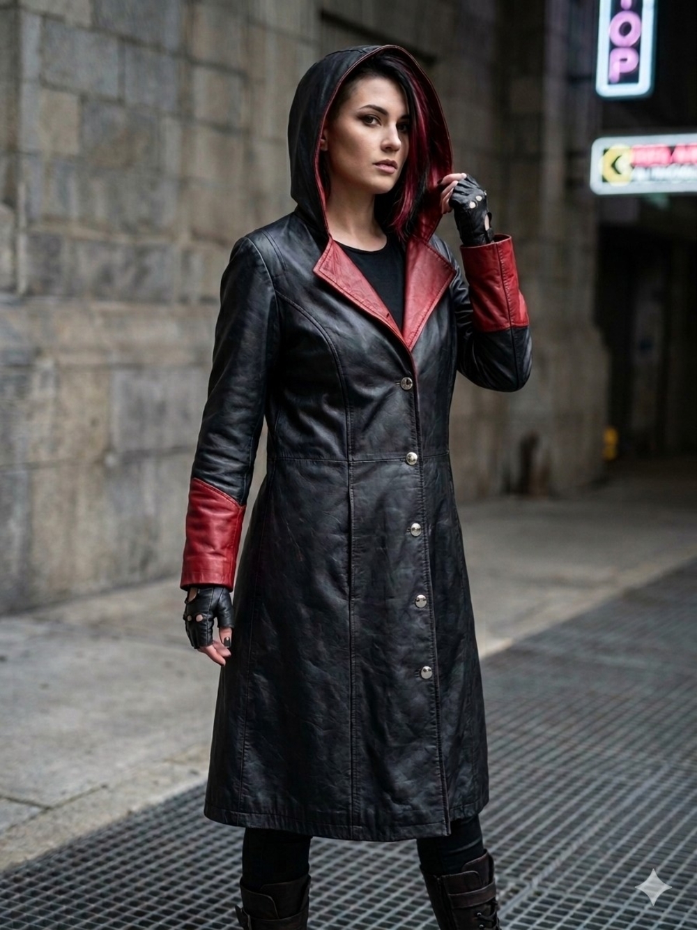 Real Leather Hooded Trench Coat Black Red Goth Cyberpunk XL